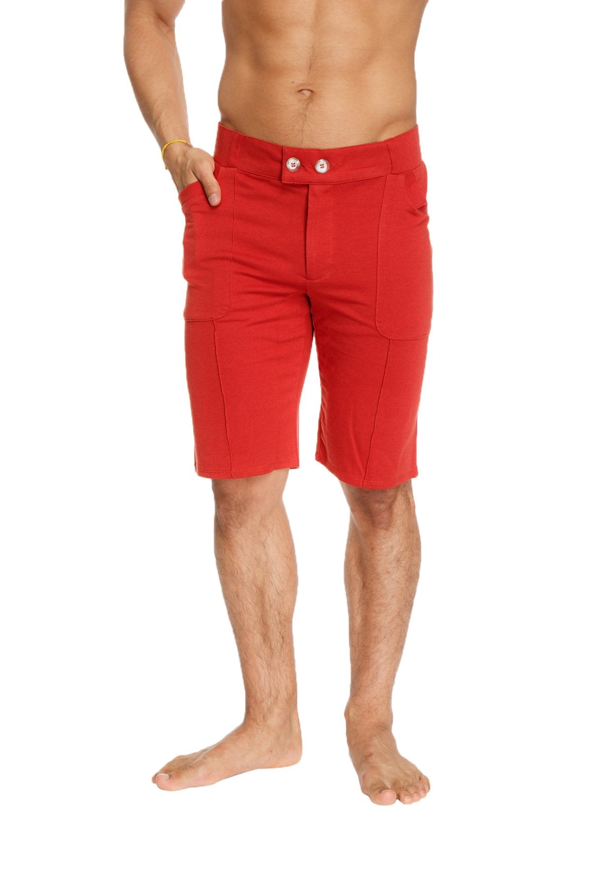 Urban tactical at home dress shorts in cinnabar red with buttoned waistband and side pockets for casual wear