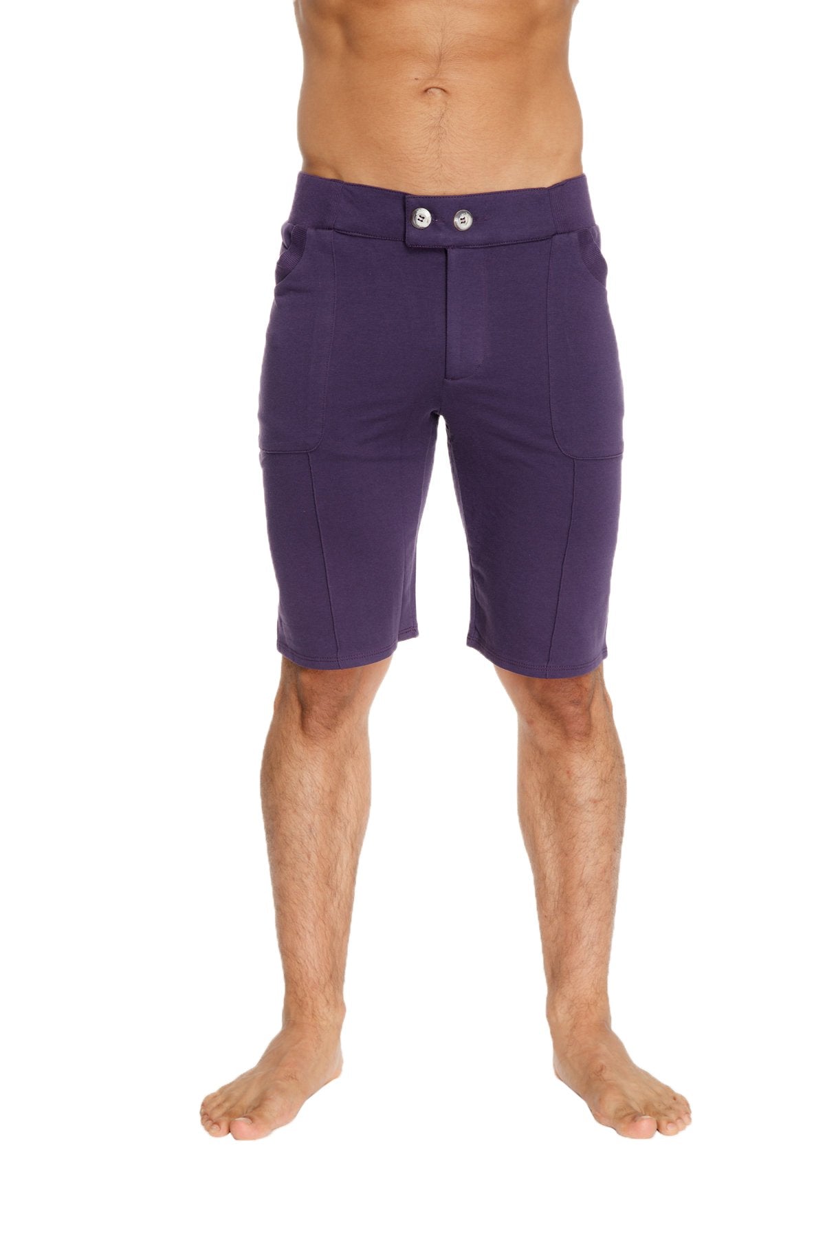 Urban tactical at home dress shorts in eggplant purple featuring sleek form-fitting design with silver buttons at waistband