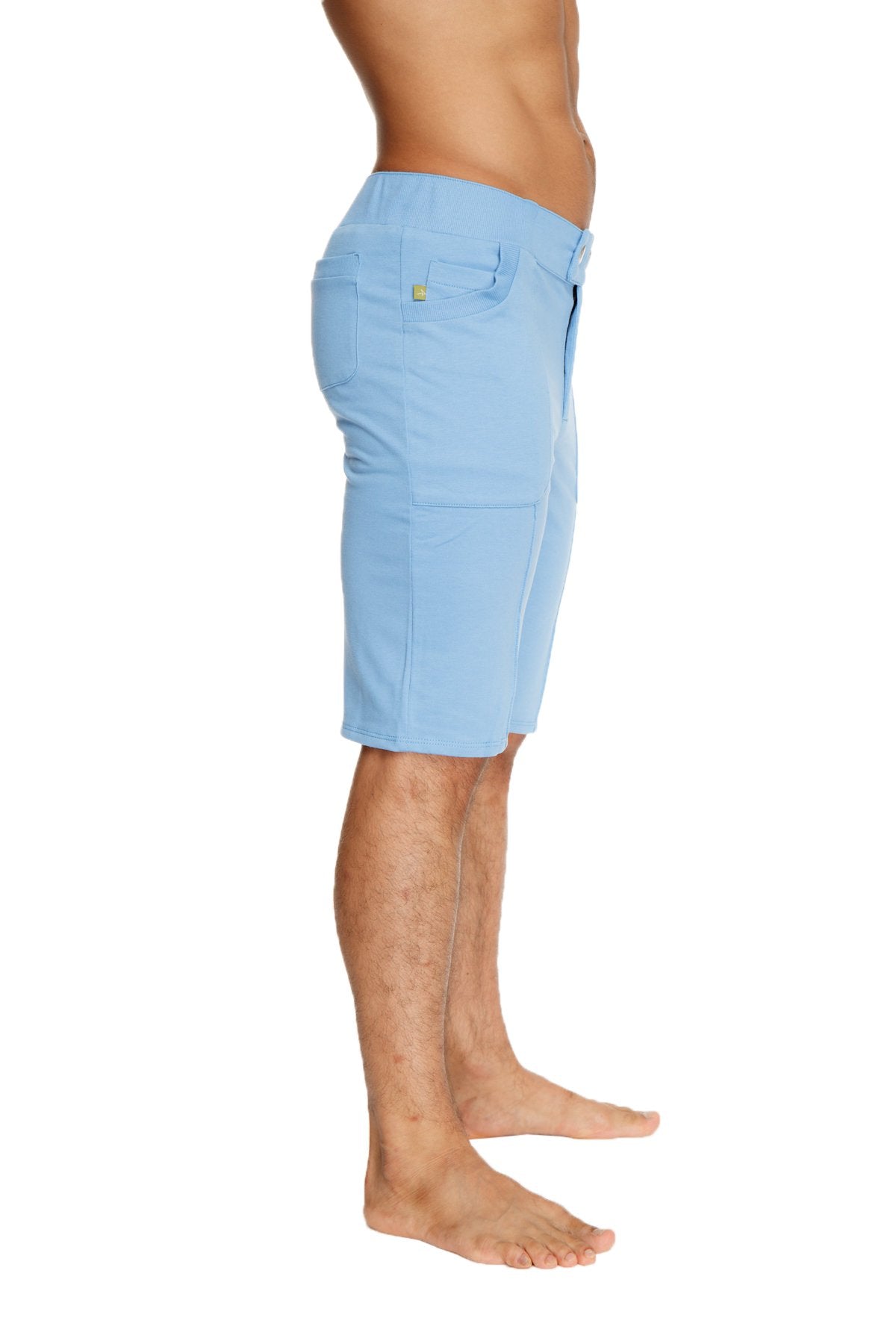 Urban tactical at home dress shorts in ice blue featuring light blue cargo style with sleek design and gold-tone button detail