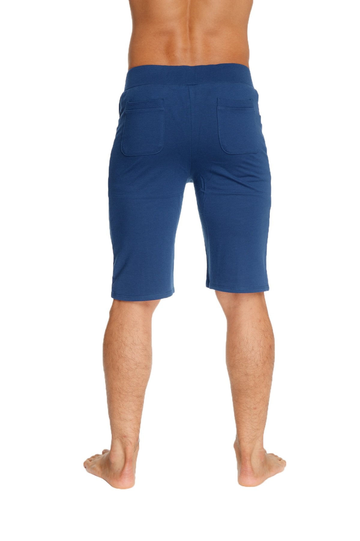 Blue urban tactical at home dress shorts showing back side with comfortable elastic waistband and two rear pockets