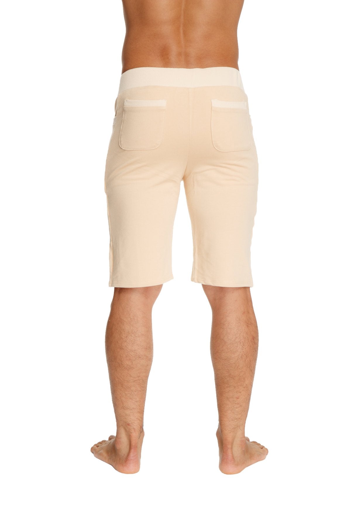 Beige cotton urban tactical at home dress shorts with elastic waistband and two front pockets for casual wear