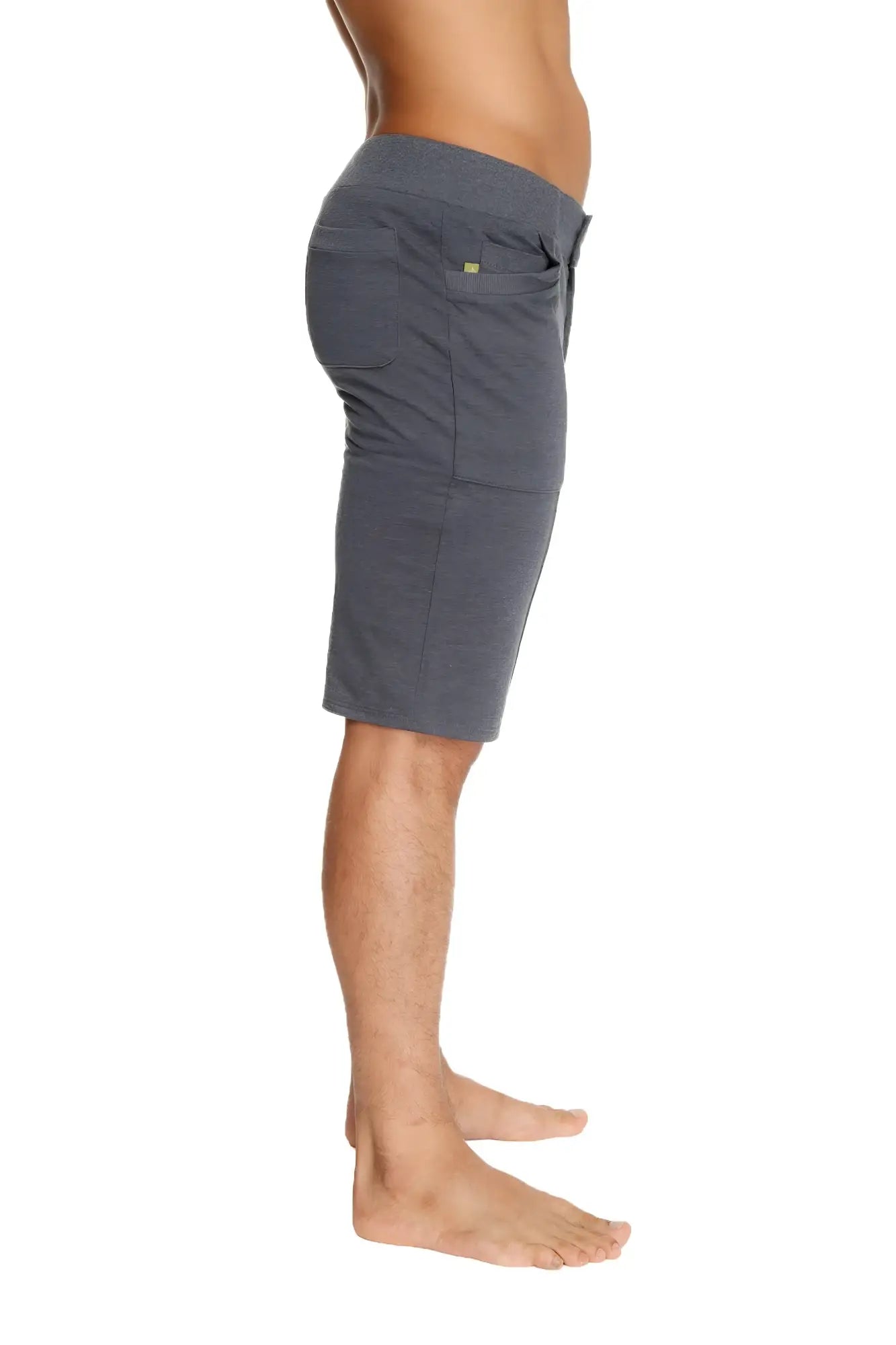 Gray heathered charcoal urban tactical at home dress shorts with drawstring waist side pockets and small green logo