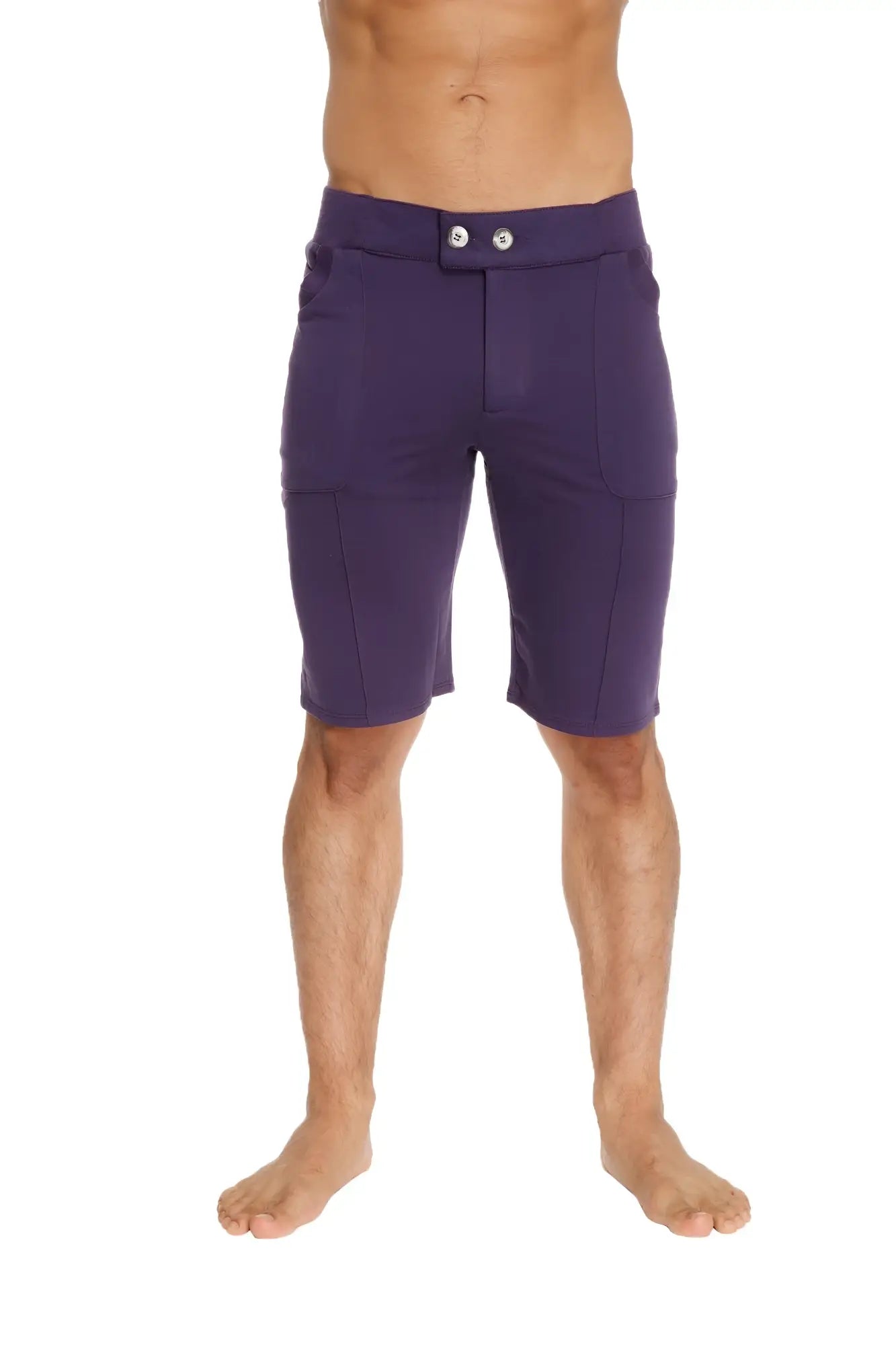 Urban tactical at home dress shorts in eggplant purple featuring sleek form-fitting design with silver buttons at waistband
