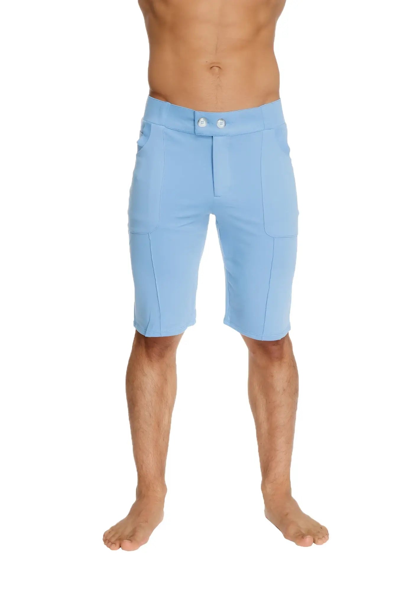 Urban tactical at home dress shorts in ice blue with sleek fit and silver toned button closures