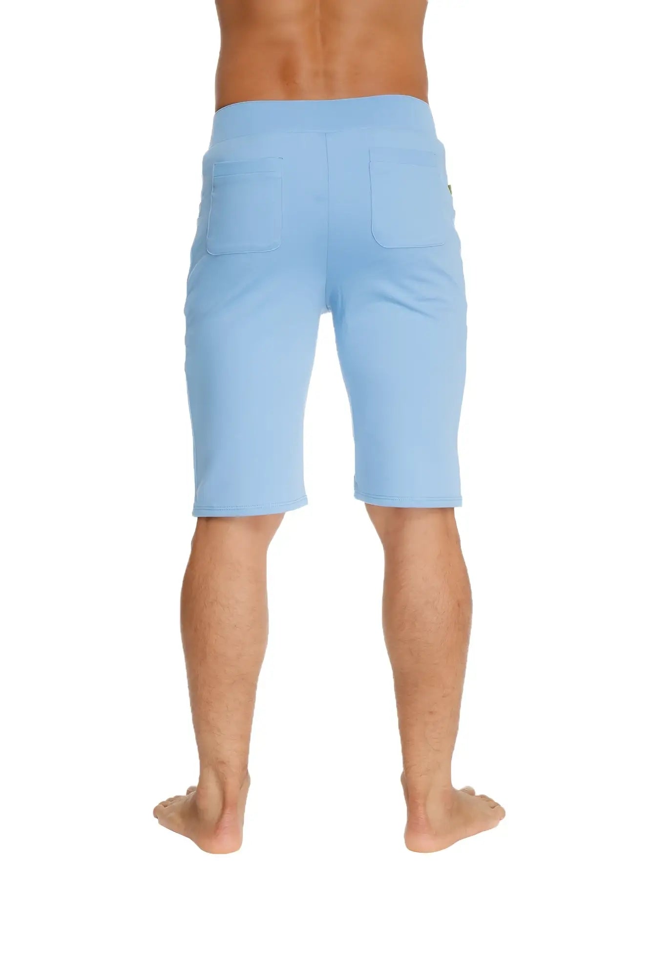 Back view of ice blue soft textured urban tactical at home dress shorts with relaxed fit and two back pockets