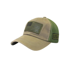 Tan and olive green mesh usa baseball cap with embroidered american flag patch and usa label on the side