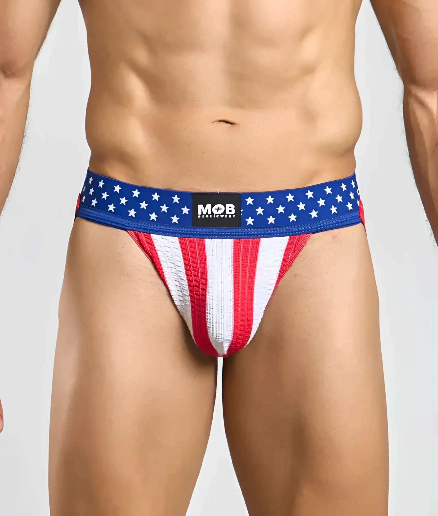 Blue red and white american flag themed mens jockstrap with textured fabric waistband featuring mob logo