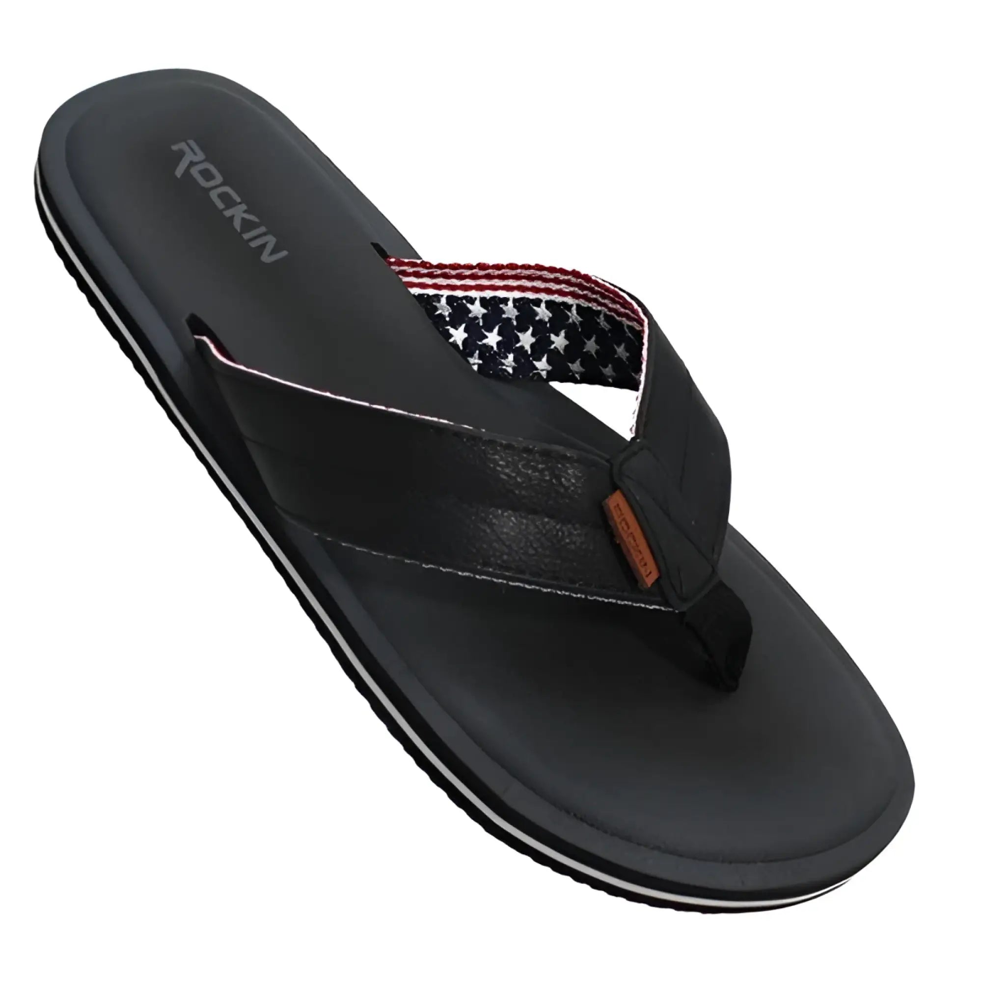 Black leather USA sandal flip-flop with red white and blue star-patterned strap and orange brand tag