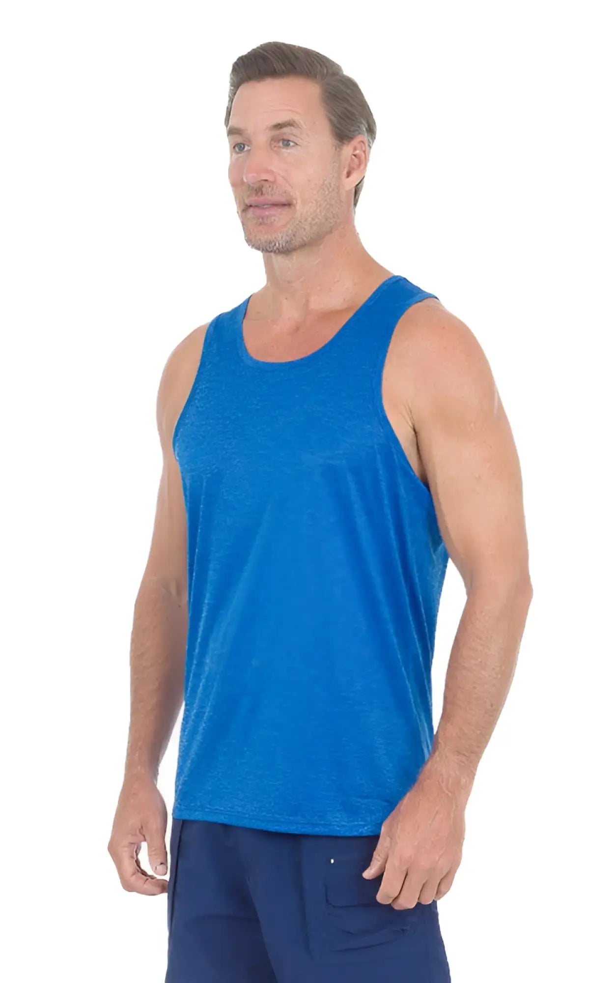 Uzzi dri-fit tank top in blue heathered fabric with sleeveless design and simple round neckline for active wear