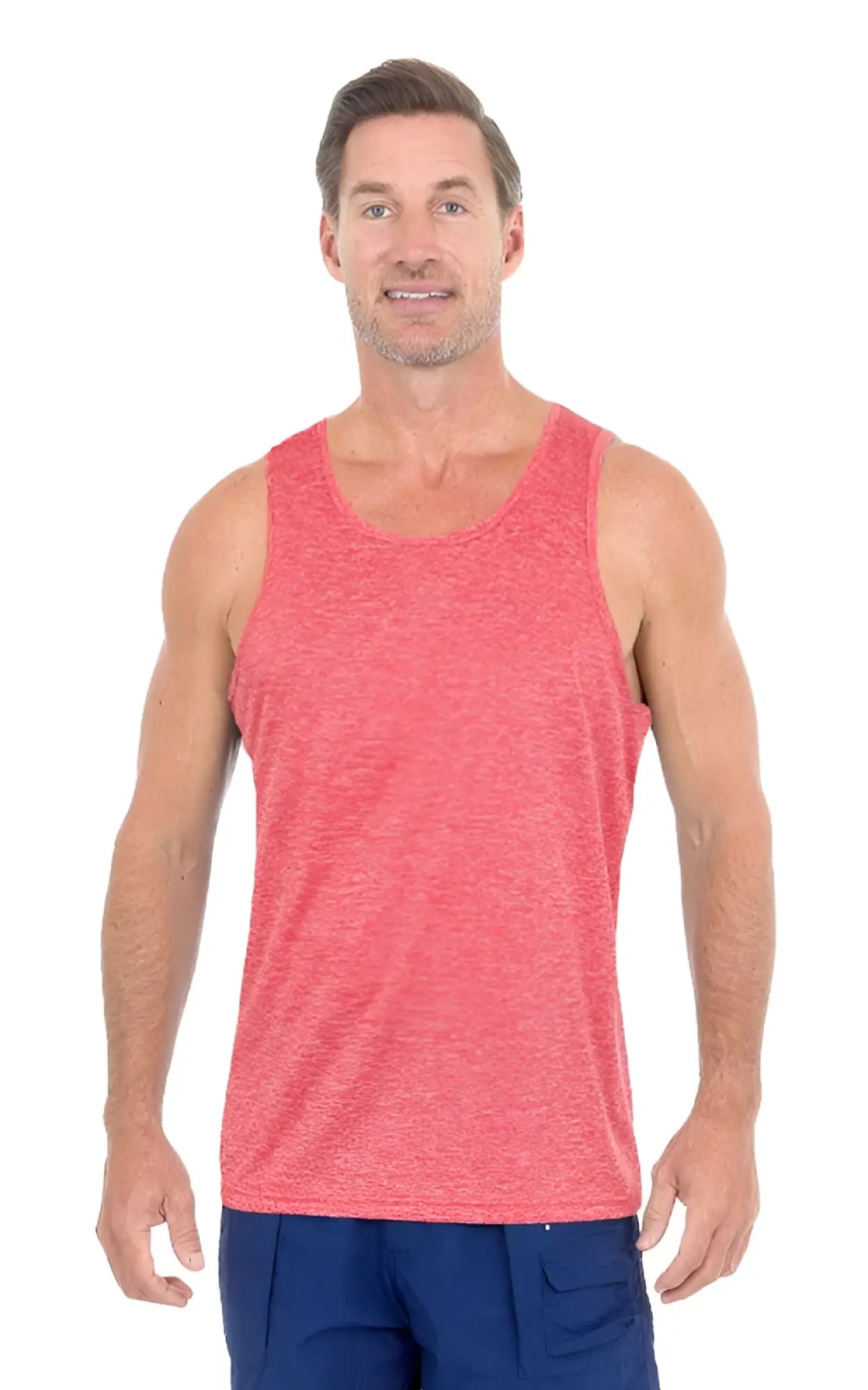 A men’s coral heathered dri-fit tank top made of soft breathable fabric by Uzzi perfect for active wear
