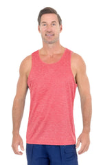 A men’s coral heathered dri-fit tank top made of soft breathable fabric by Uzzi perfect for active wear