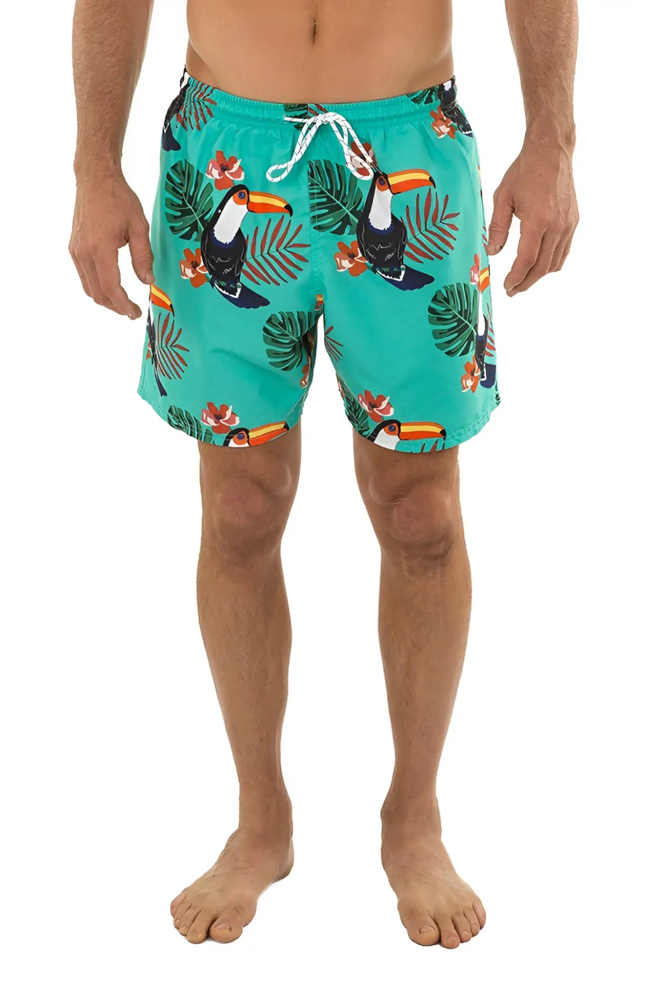 Teal UZZI microfiber short swim trunks with vibrant tropical toucan and leaf print and white drawstrings