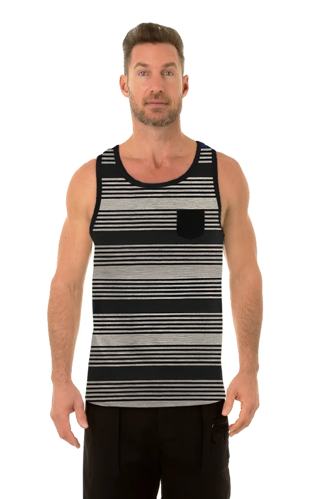 Uzzi pocket tank top featuring black and gray horizontal stripes with a black pocket on the left side