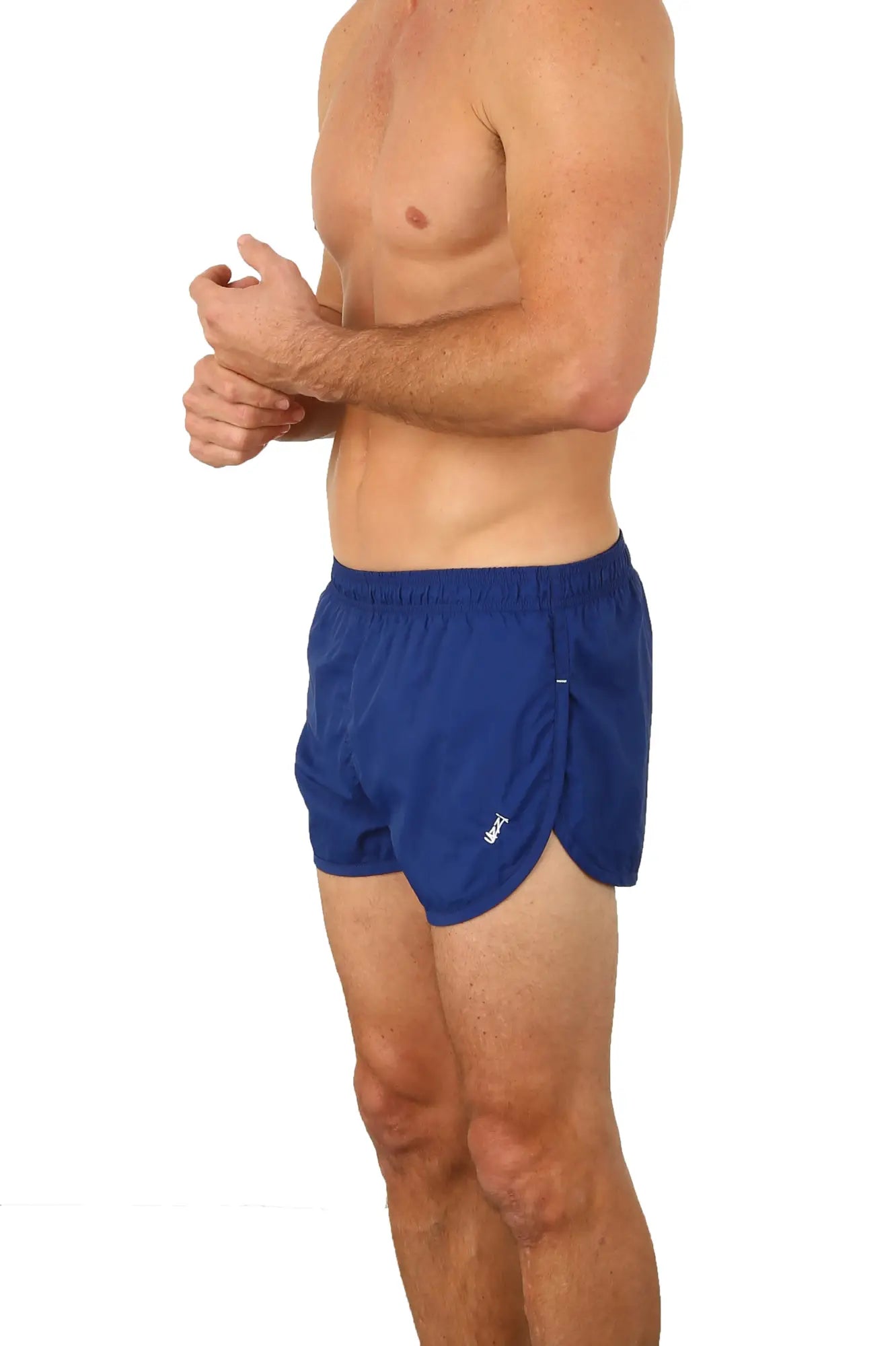 Blue UZZI running shorts with a subtle white logo on the lower left leg designed for athletic use