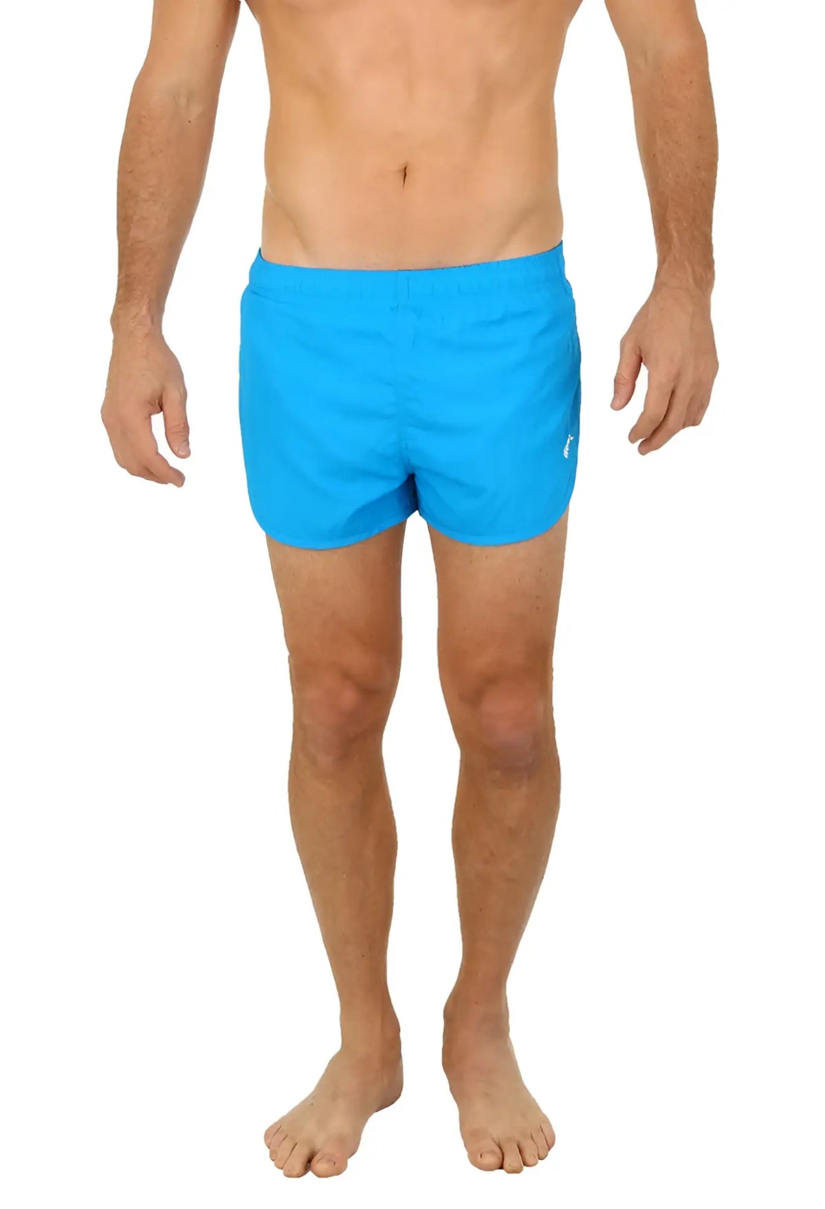 Bright blue Uzzi running short swim trunks with a simple design and a small logo on the lower right leg