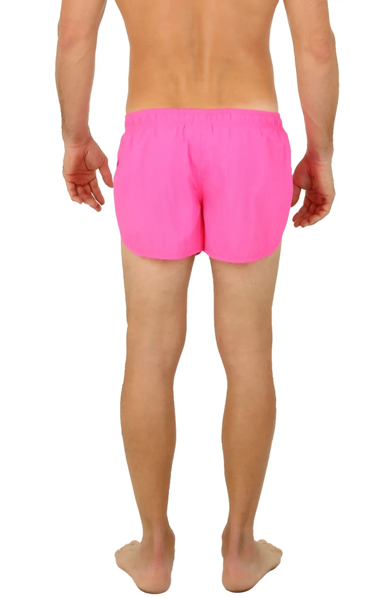 Bright pink uzzi running short swim trunks with a simple elastic waistband for comfortable active wear