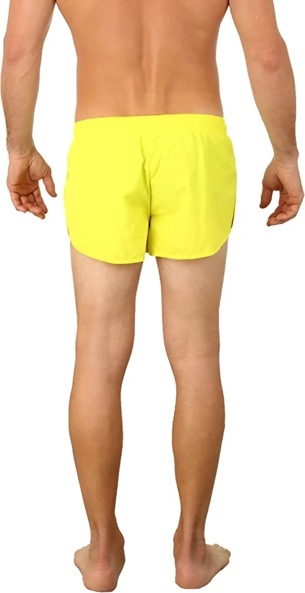Bright yellow UZZI running short swim trunks designed for lightweight comfort and active use