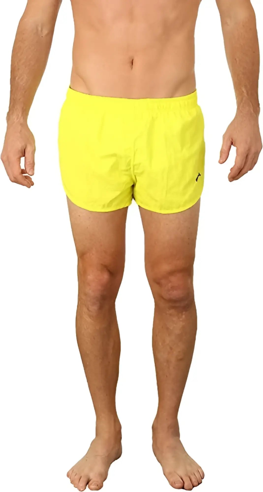Bright yellow uzzi running short swim trunks with a small black logo on the left leg ideal for swimming