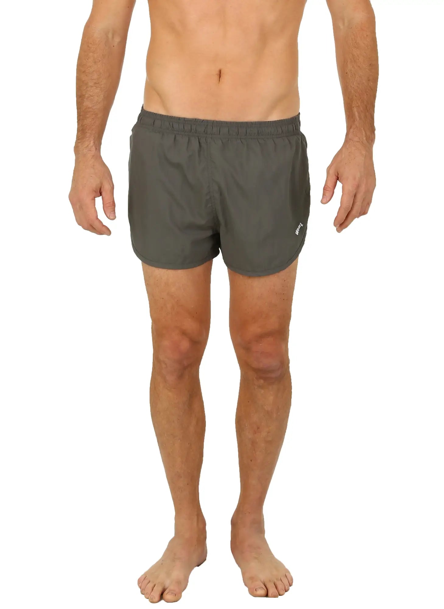 Dark gray Uzzi running shorts with elastic waistband and white logo on the lower right leg for athletic use