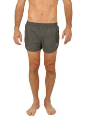 Dark gray Uzzi running shorts with elastic waistband and white logo on the lower right leg for athletic use