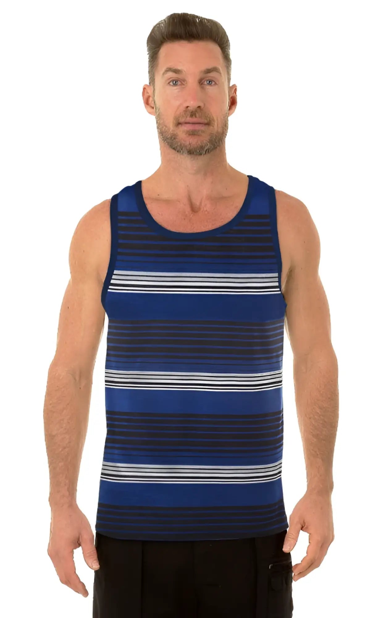 Blue and gray striped UZZI tank top with round neckline made from lightweight breathable fabric for casual wear