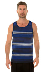 Blue and gray striped UZZI tank top with round neckline made from lightweight breathable fabric for casual wear