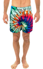 Tie dye swim short with vibrant swirling tie dye pattern in red orange blue and green for casual beachwear