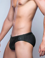 V10 core bikini black swim trunks with subtle white infinity symbol logo on the side for beach and pool use