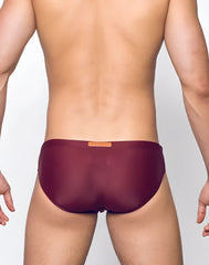 V10 core bikini maroon mesh briefs with a small orange label at the waistband for comfortable everyday wear