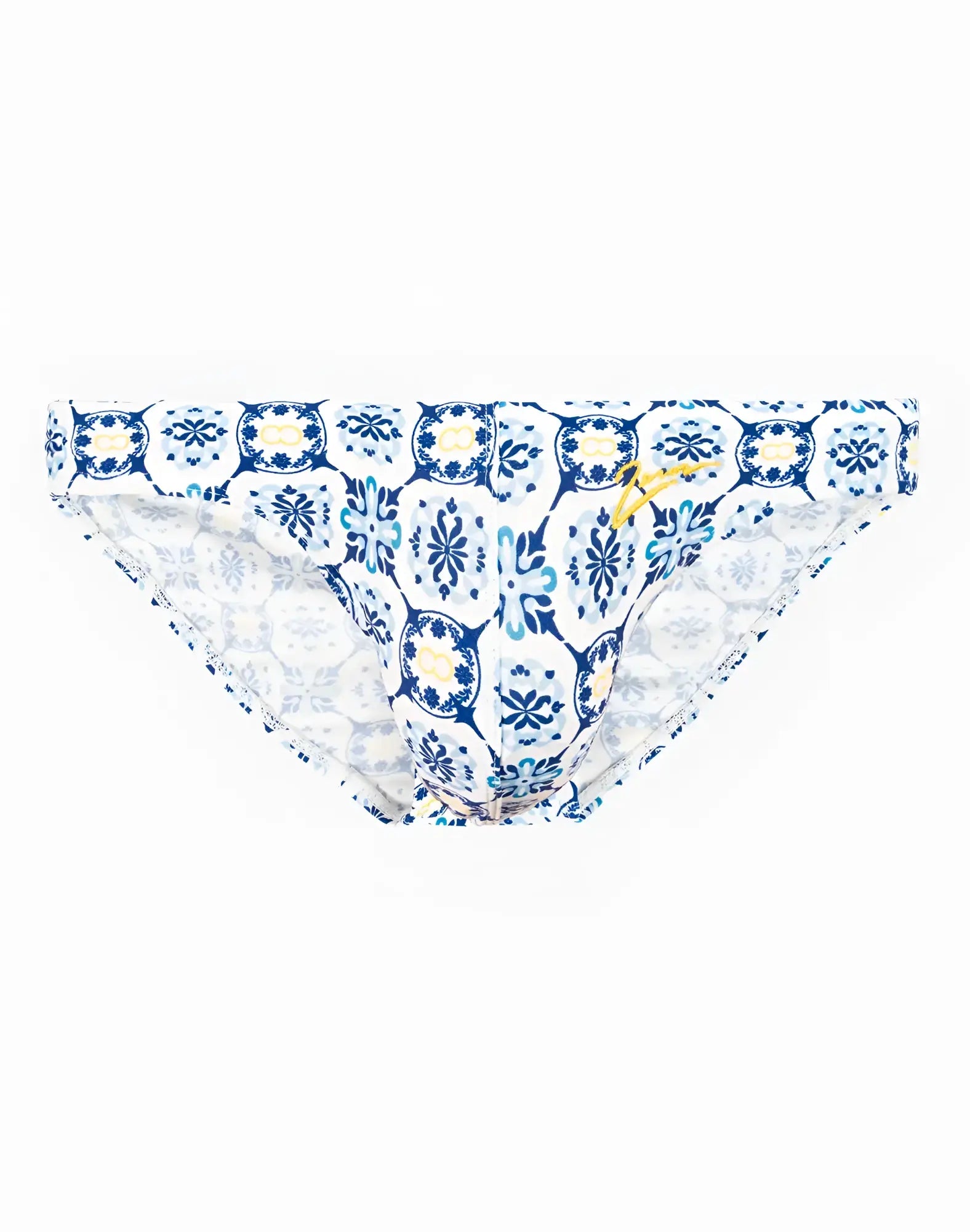 Blue and white patterned swim brief with decorative tile design perfect for beach and pool use