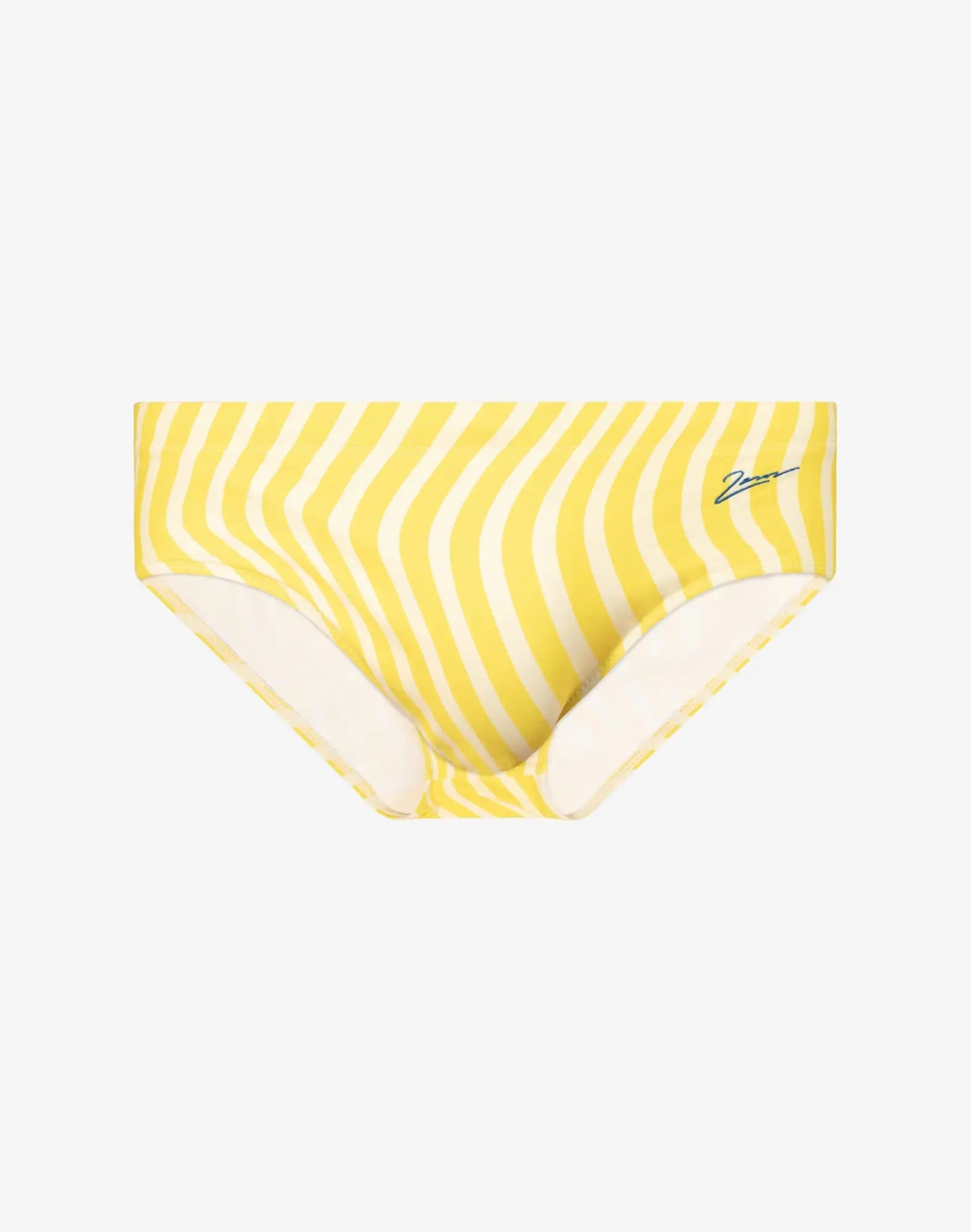 V40 printed swim sunga in dolce yellow features yellow and white wavy stripes with a subtle brand logo on the side