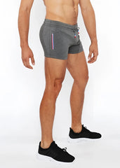 Gray vault gym-tech shorts with drawstring waistband and red white blue heat weld zipper stripes on the side