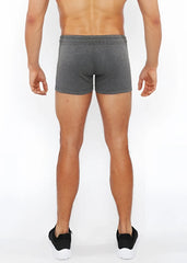 Gray heathered vault gym-tech athletic shorts with fitted waistband and three color heat weld zippers