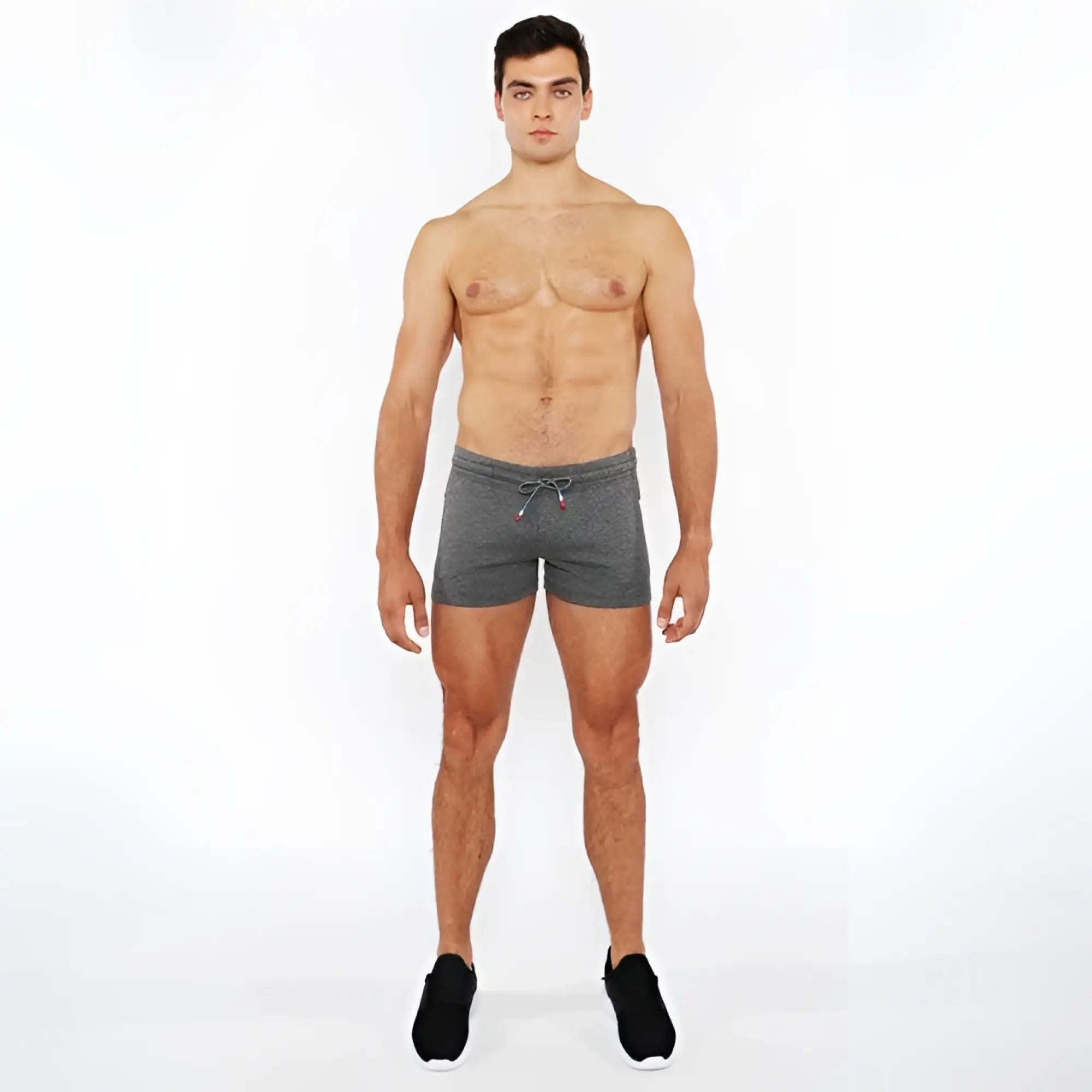 Vault Gym-Tech gray heathered athletic shorts with drawstring waistband and red accent 3 color heat weld zippers