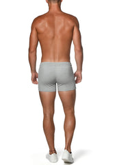 Gray vault gym-tech stretch shorts with heat weld zippers elastic waistband and snug athletic fit