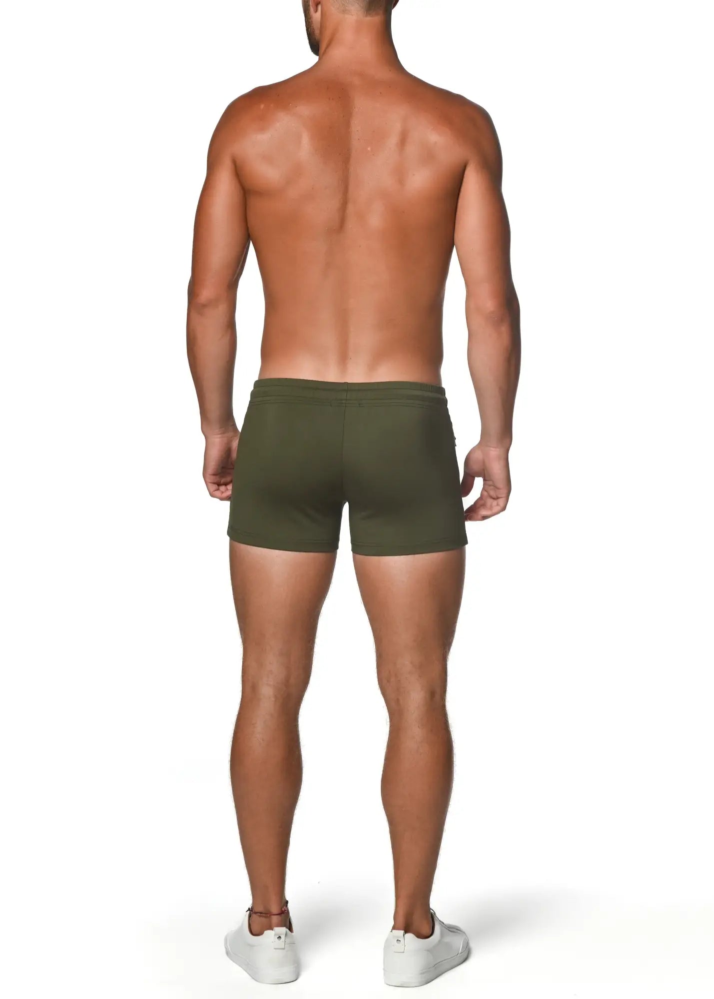 Olive green vault gym-tech stretch briefs with heat weld zippers designed for athletic performance and comfort
