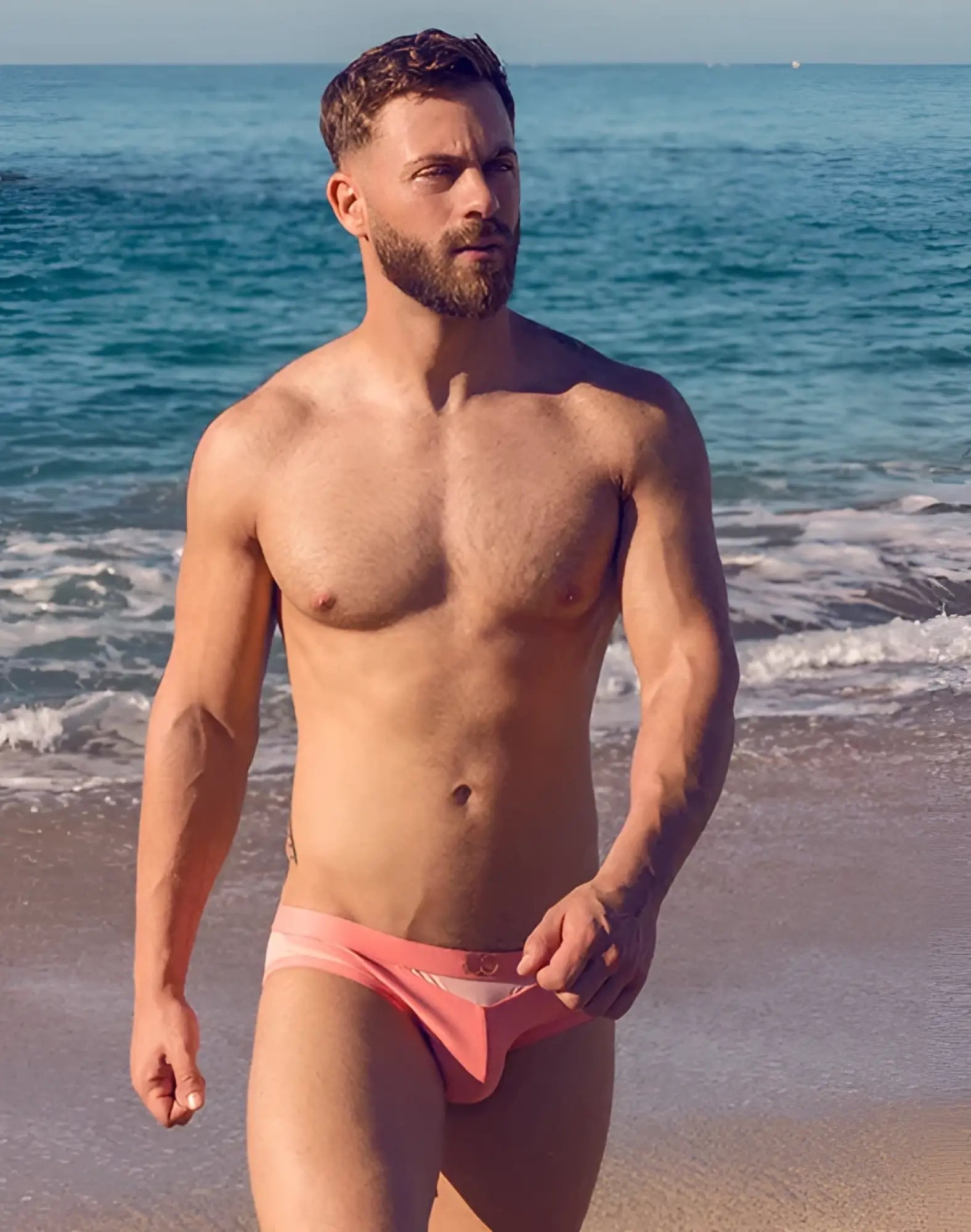 Vb13 swim brief pink swim trunks with subtle white stripe detail designed for comfortable beachwear