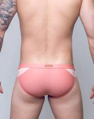 Pink and white VB13 swim brief with a sleek contoured design ideal for athletic swimwear use
