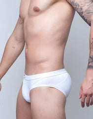 White VB13 swim brief with textured mesh panel and subtle logo on waistband in athletic fabric for swimming