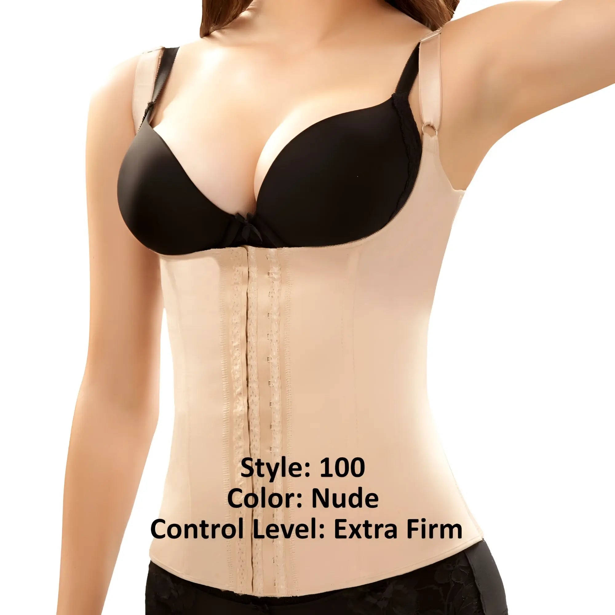 Nude-colored vedette 100 renee extra-firm waist cincher with black underwire cups and adjustable straps