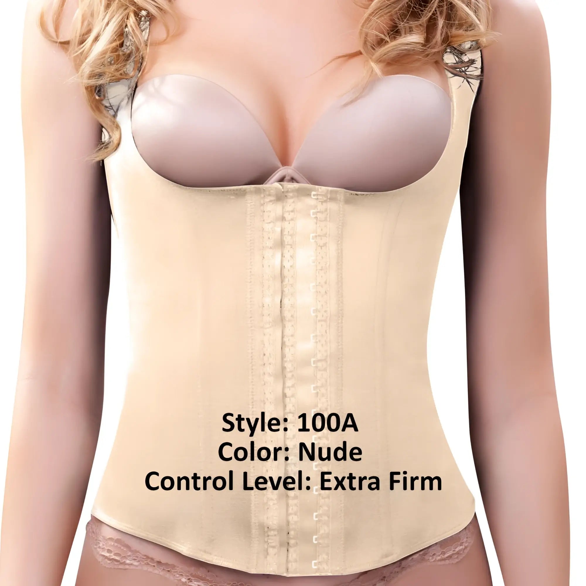 Vedette 100A Rebecca nude under bust waist cincher with extra-firm smooth fabric and lace trim along the sides