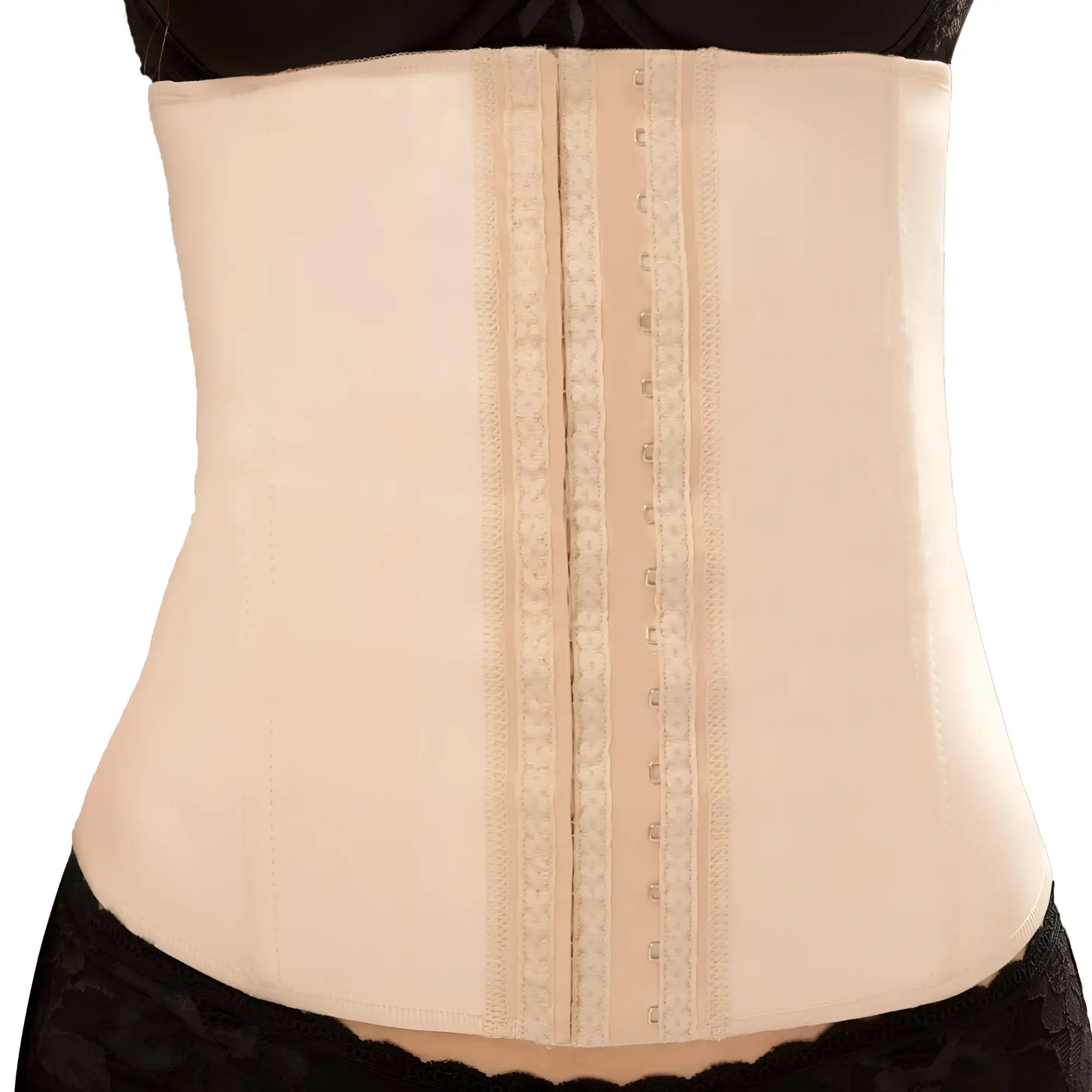 Vedette 102 Valerie nude latex waist cincher beige corset with lace trim and metal clasps front view