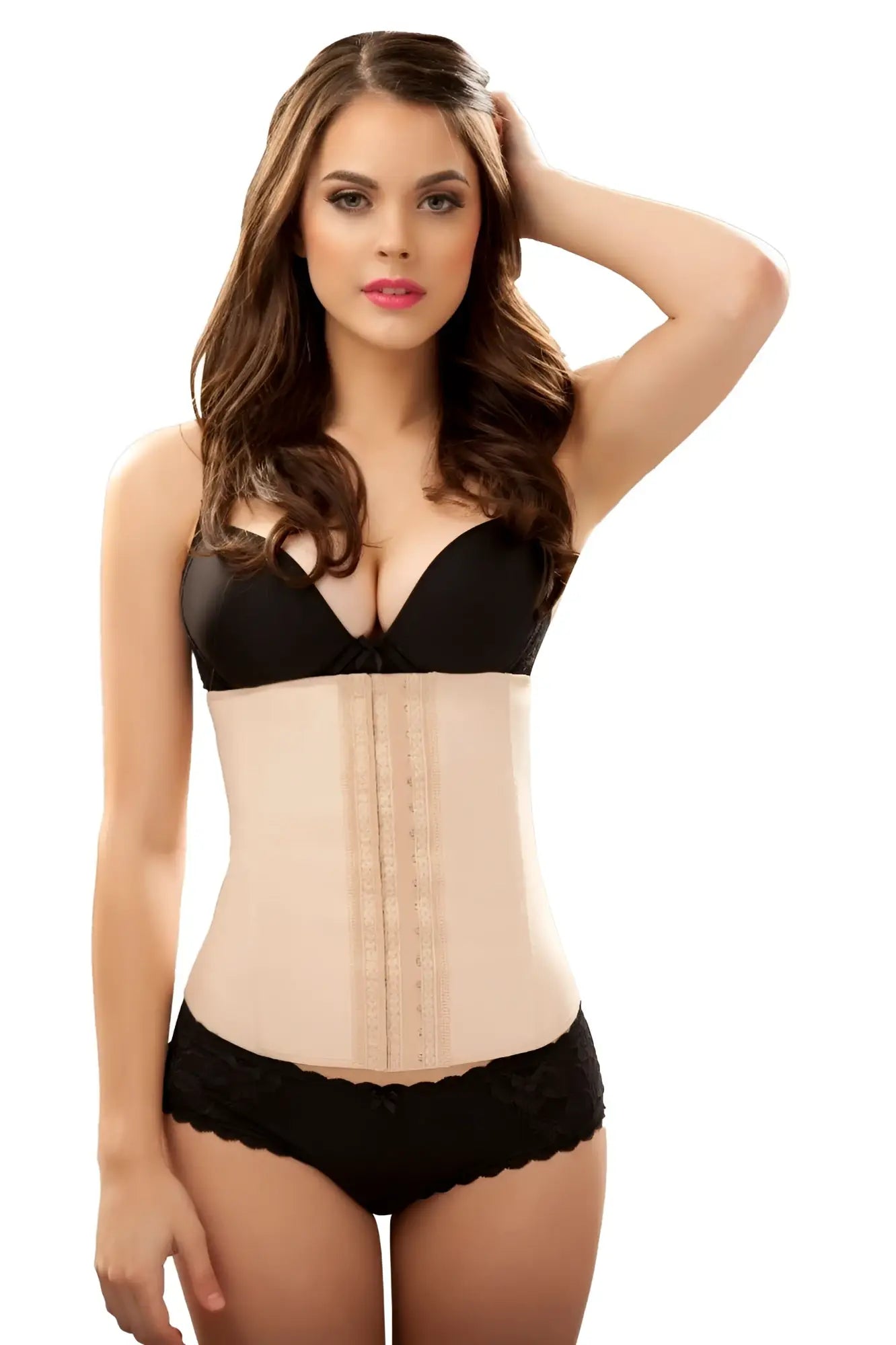 Beige vedette 102 valerie latex waist cincher with black lace trim and adjustable side straps for waist shaping