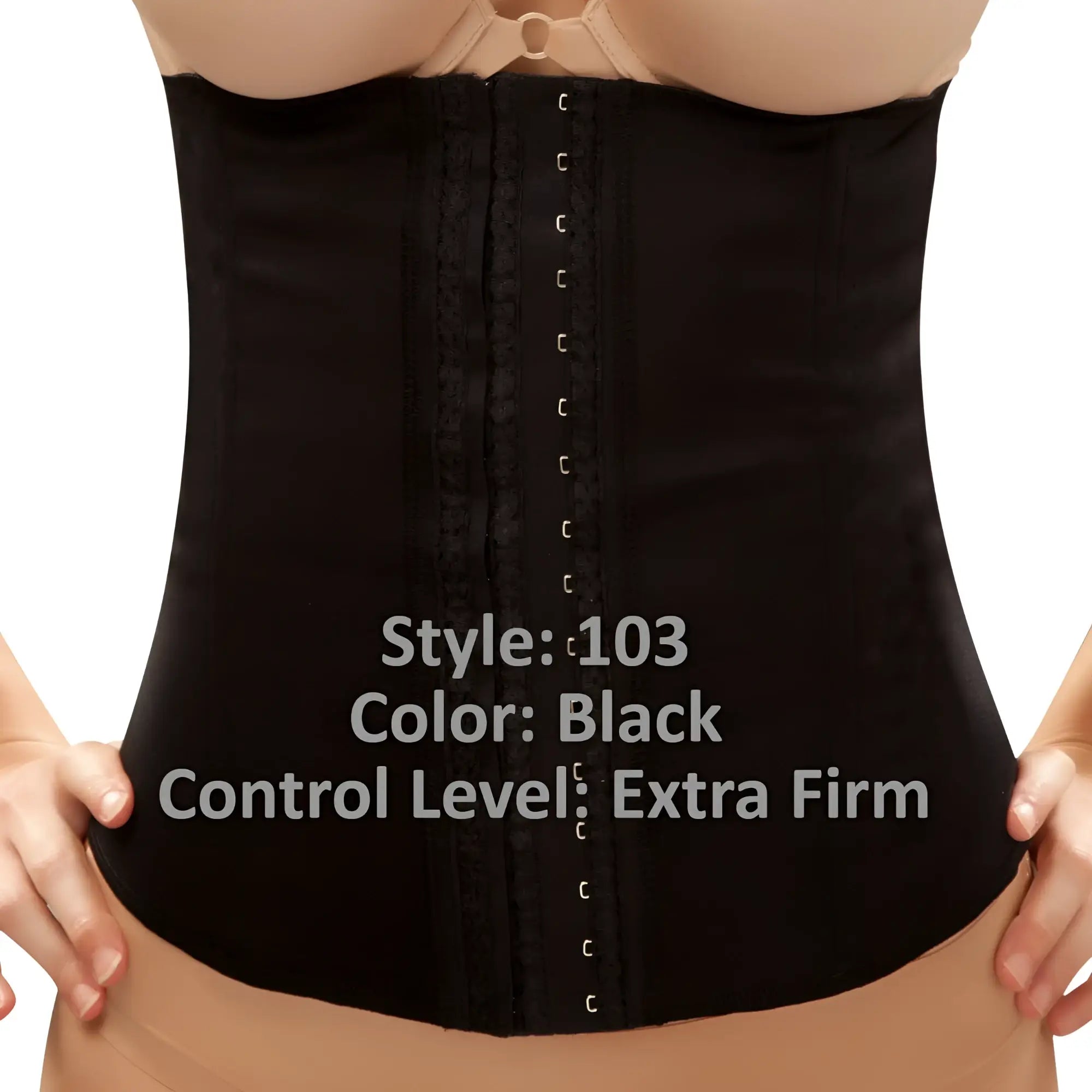 Black extra firm Vedette 103 Renee waist cincher with central lace-up front and structured design in plus size