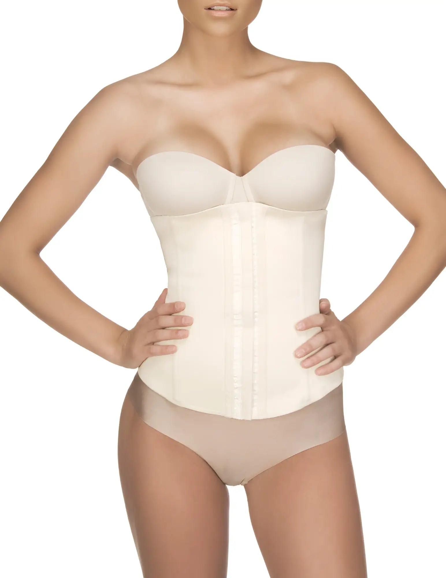 Cream-colored vedette 103 renee waist cincher nude plus strapless corset with structured design and front button closure