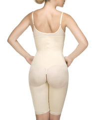 Beige vedette 104 stephanie full body shaper bodysuit with thin straps and lace trim at the hem