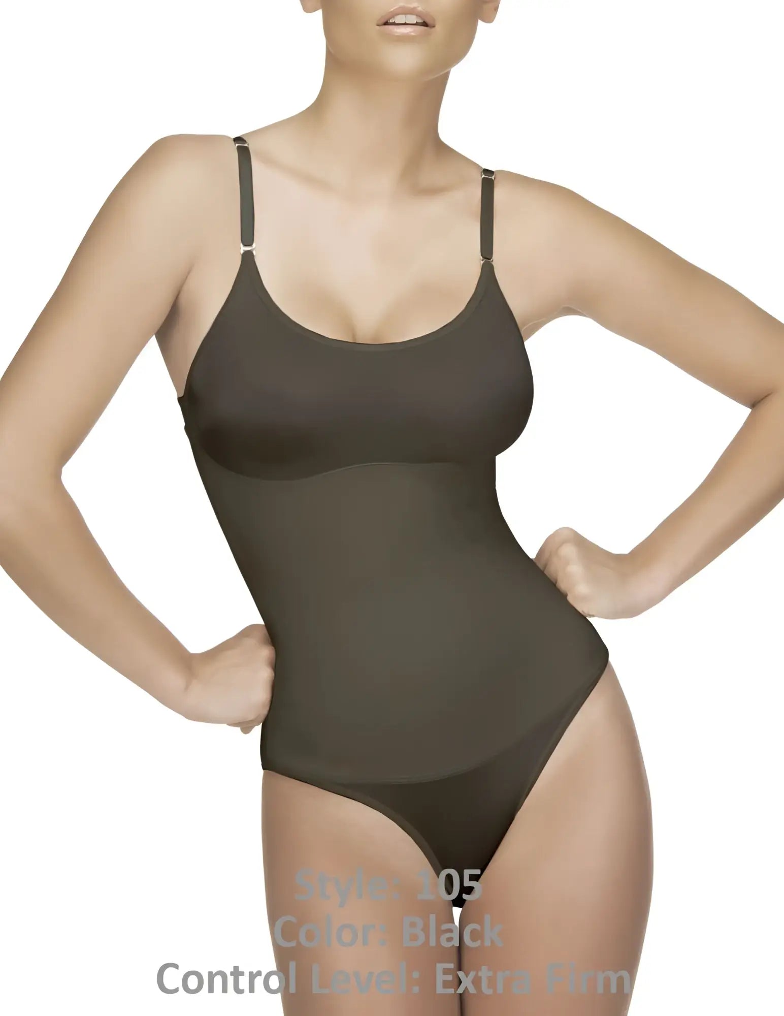 Black extra-firm control Vedette 105 Lea bodysuit in bikini color with thin straps and smooth fabric finish