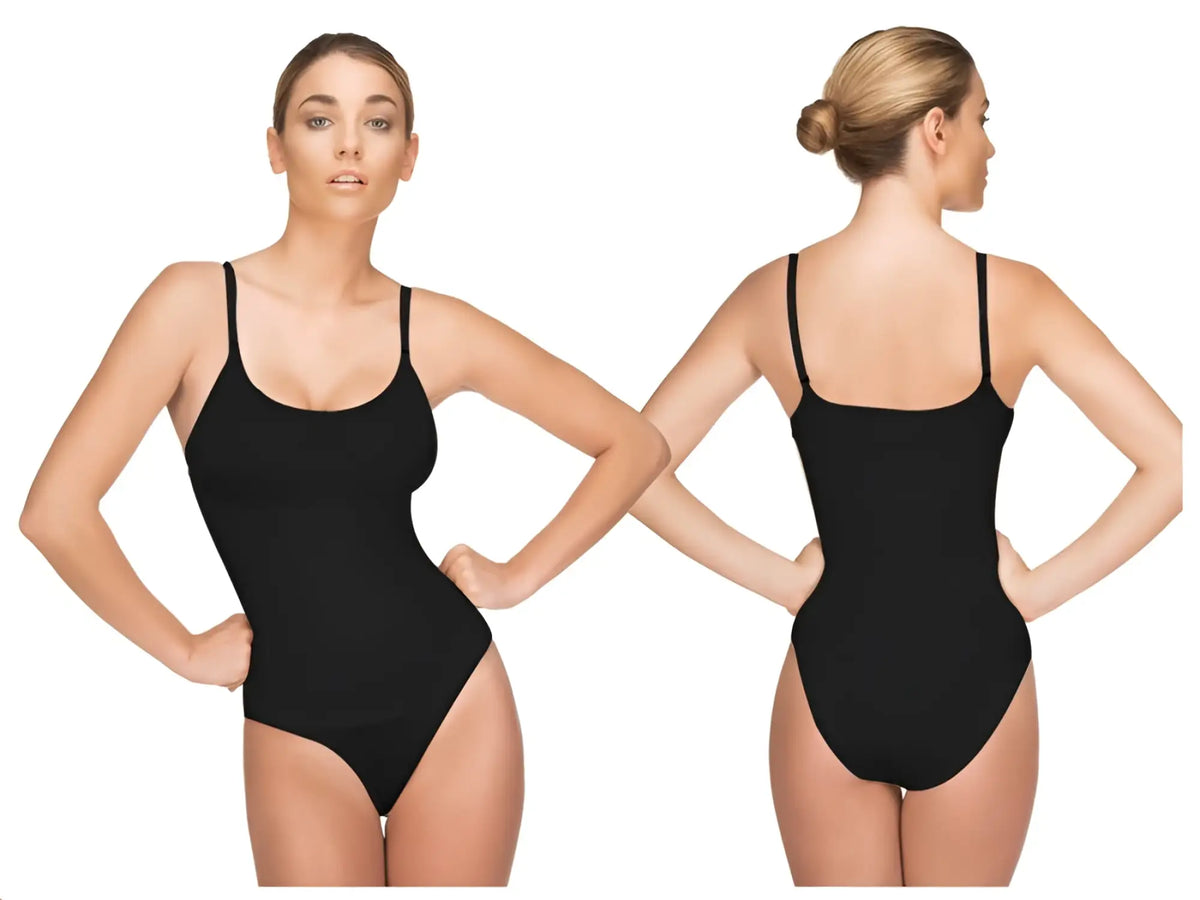 Vedette 105 Lea bodysuit black one-piece swimsuit with thin spaghetti straps and flattering form-fitting design