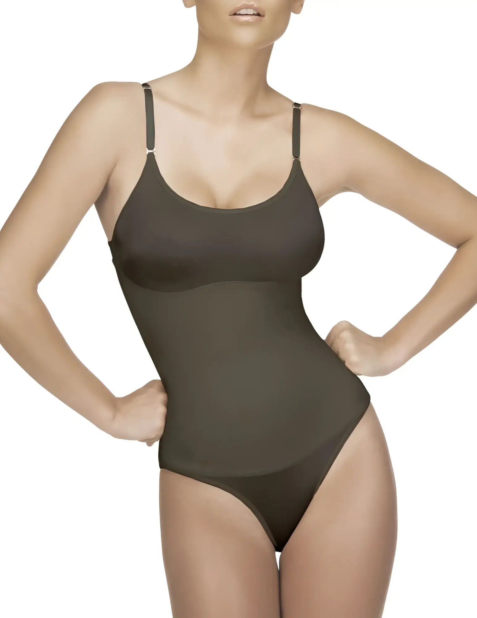 Vedette 105 Lea bodysuit in black dark olive shapewear with thin adjustable straps and smooth form fitting design