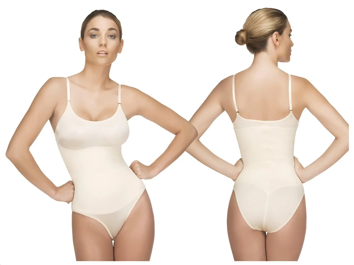 Cream-colored vedette 105 lea bodysuit in bikini color nude with thin spaghetti straps and seamless high-waisted design